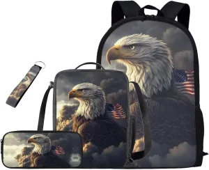 American Flag Eagle Backpack and Lunch Box Set Boys 17 Inch Tween Backpacks for Girls 4pcs Elementary Pencil Case Cute for Girls Insulated Cute Keychain Wristlet Easy Clean Laptop A4 Tablet