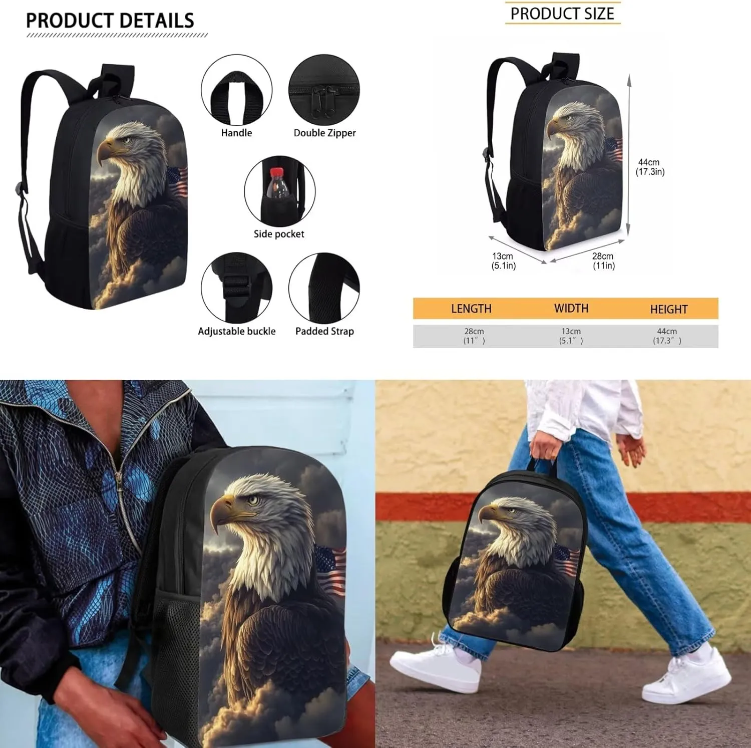 American Flag Eagle Backpack and Lunch Box Set Boys 17 Inch Tween Backpacks for Girls 4pcs Elementary Pencil Case Cute for Girls Insulated Cute Keychain Wristlet Easy Clean Laptop A4 Tablet