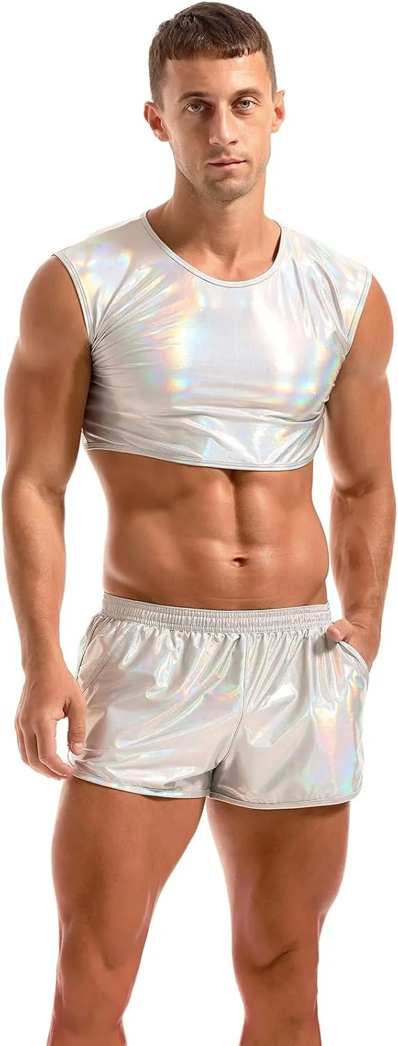 AMY COULEE Mens Metallic Shorts Sexy Shiny Sparkly Rave Outfit Holographic Booty Shorts with Pockets