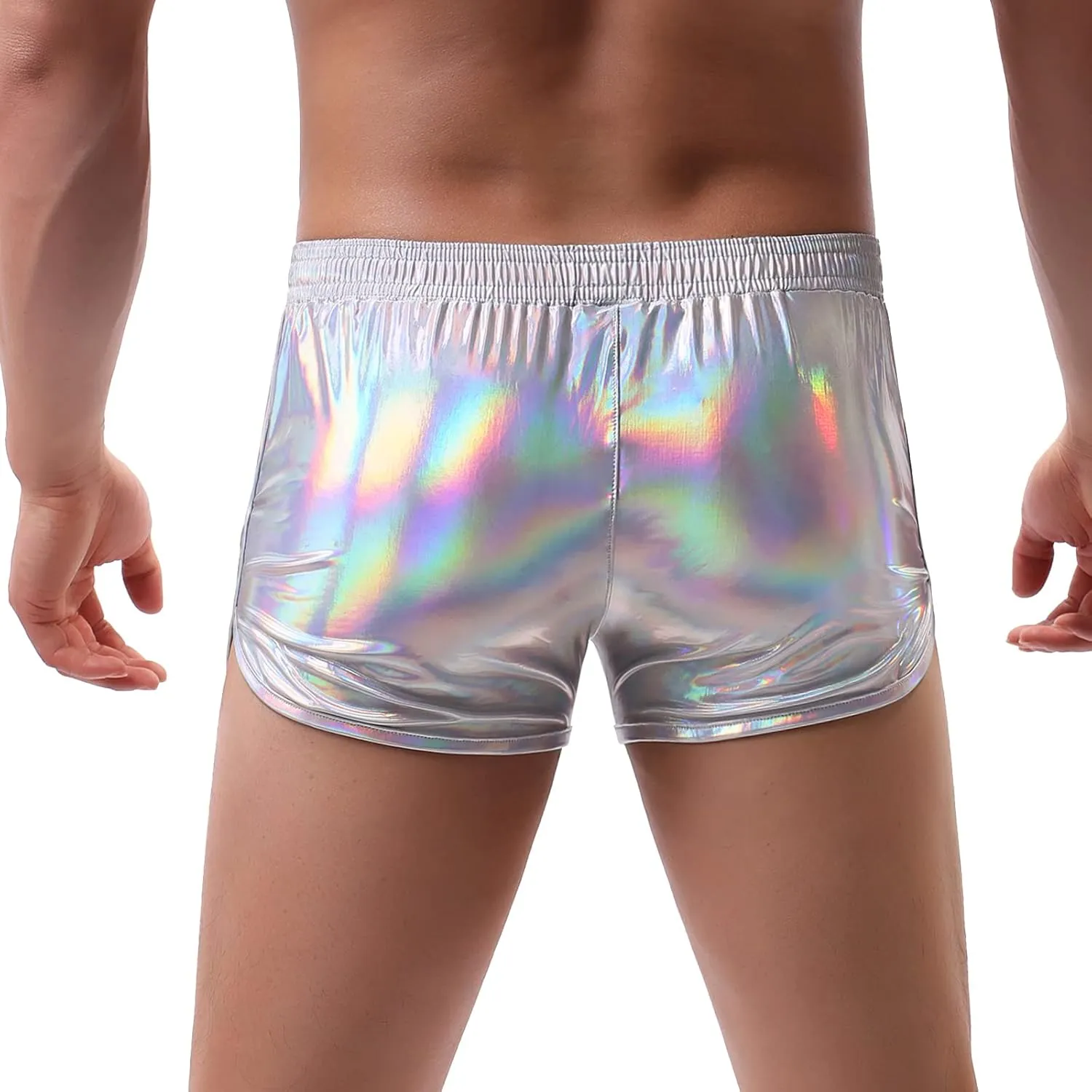 AMY COULEE Mens Metallic Shorts Sexy Shiny Sparkly Rave Outfit Holographic Booty Shorts with Pockets