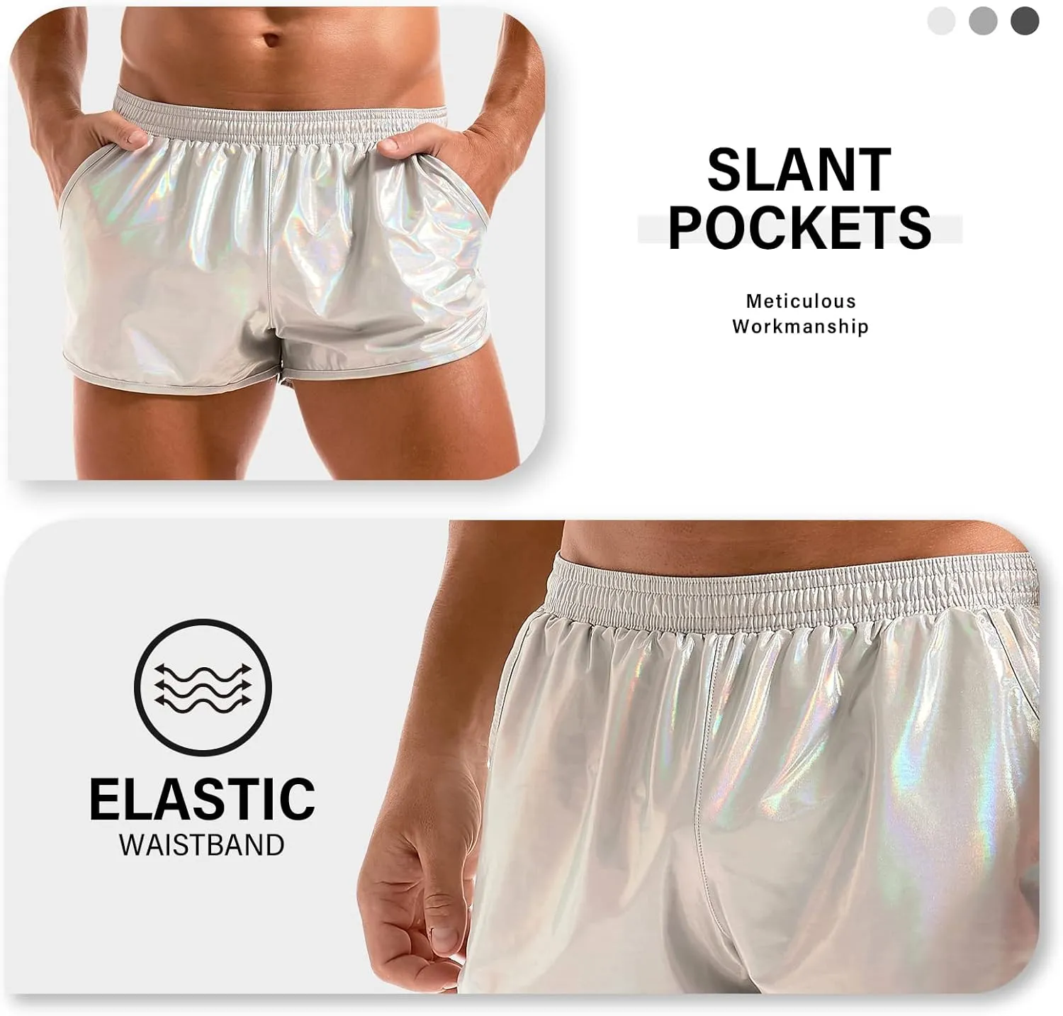 AMY COULEE Mens Metallic Shorts Sexy Shiny Sparkly Rave Outfit Holographic Booty Shorts with Pockets