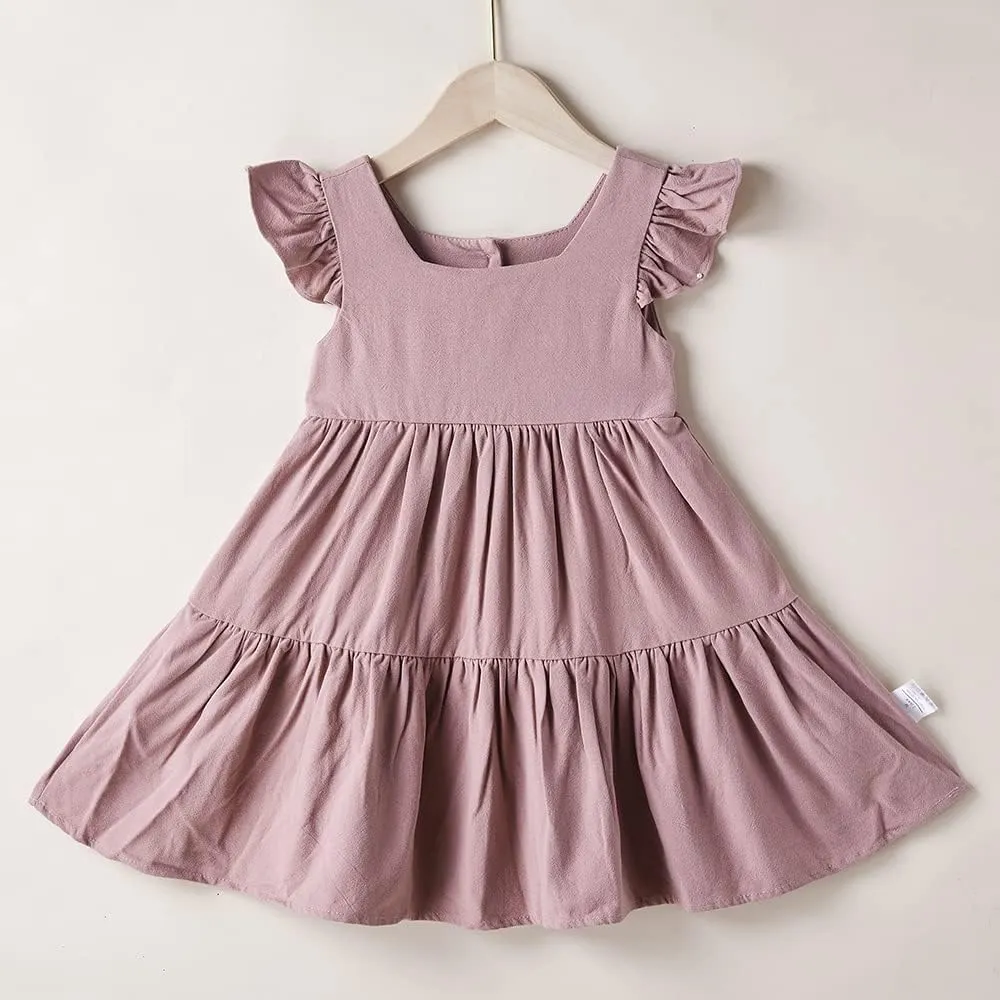 ANATA Baby Girls Linen Dress Flower Girl Ruffle Dresses Kids Birthday Party Outfits