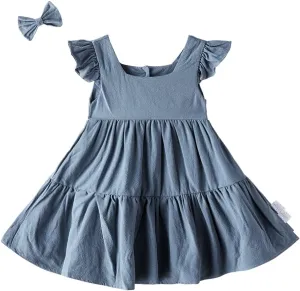 ANATA Baby Girls Linen Dress Flower Girl Ruffle Dresses Kids Birthday Party Outfits