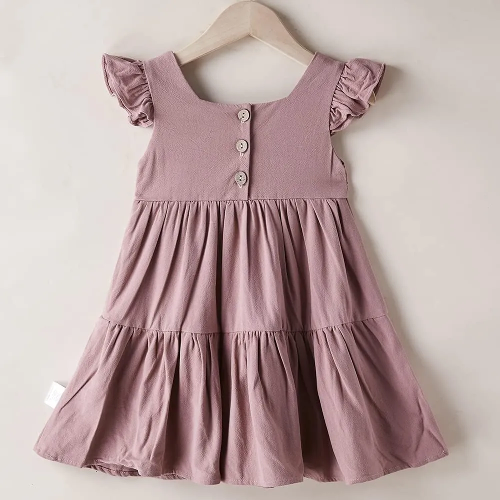 ANATA Baby Girls Linen Dress Flower Girl Ruffle Dresses Kids Birthday Party Outfits