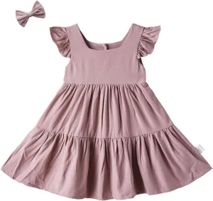 ANATA Baby Girls Linen Dress Flower Girl Ruffle Dresses Kids Birthday Party Outfits