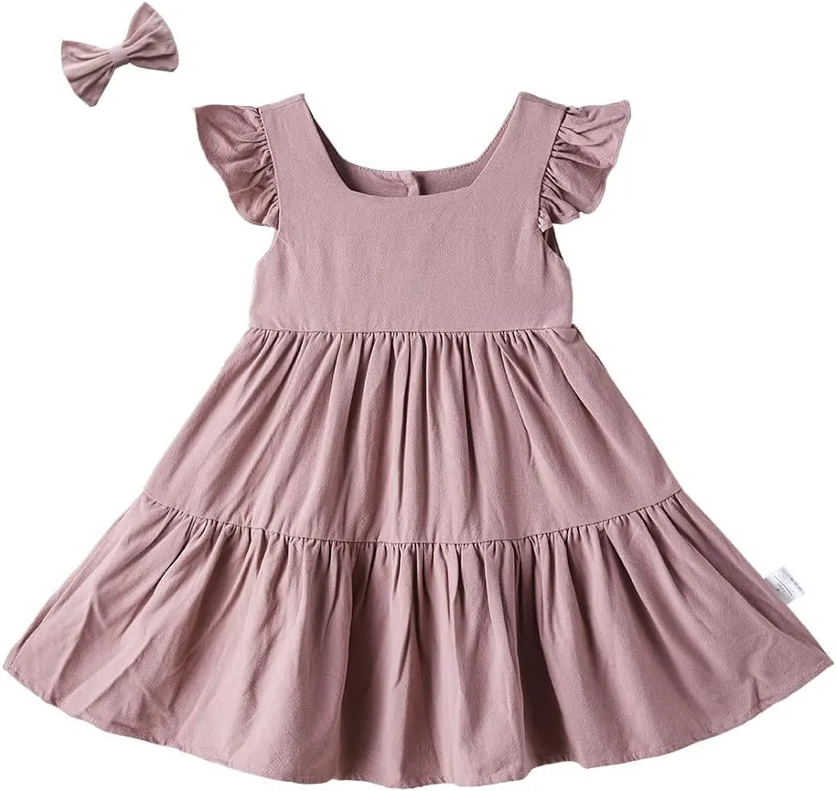 ANATA Baby Girls Linen Dress Flower Girl Ruffle Dresses Kids Birthday Party Outfits