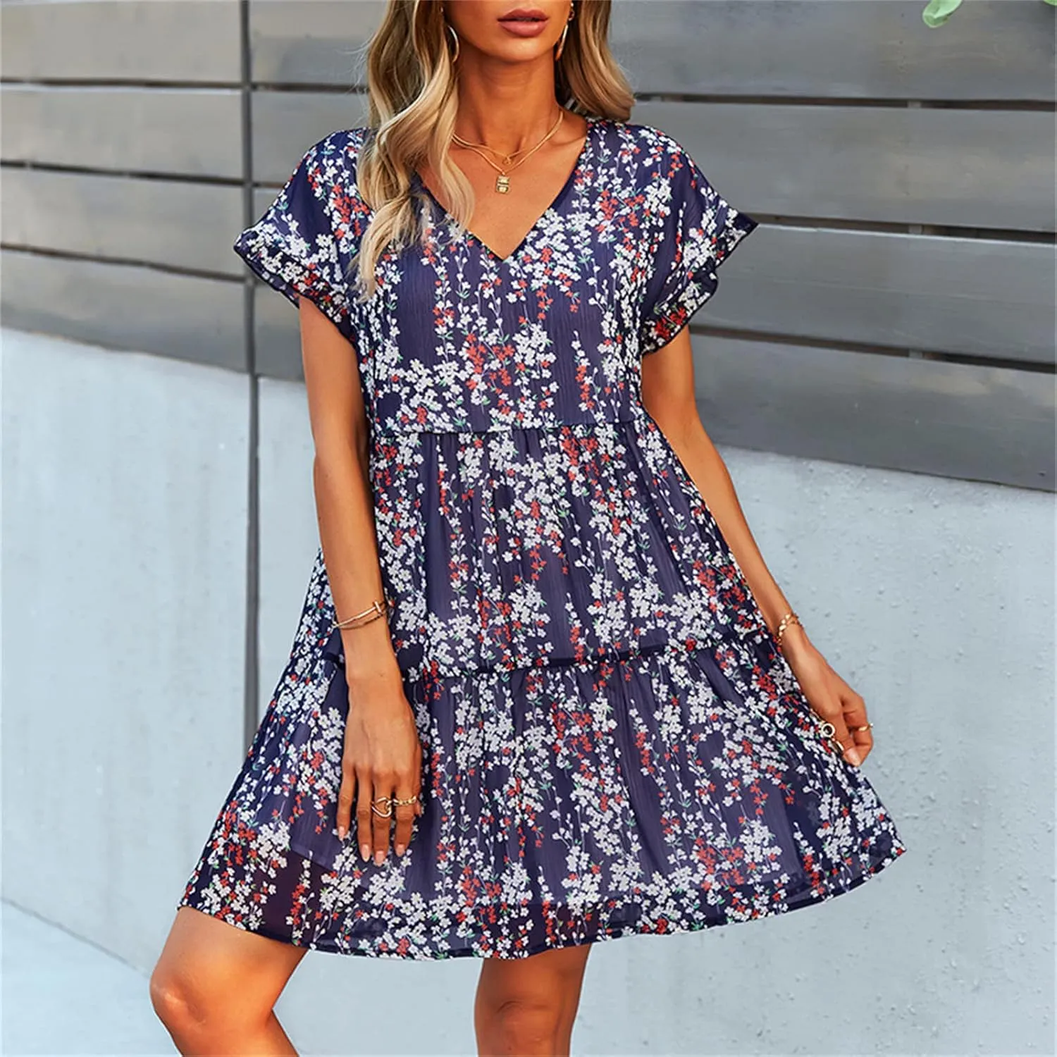 Andongnywell Women's Summer Wrap V Neck Bohemian Floral Print Ruffle Swing A Line Beach Mini Dress