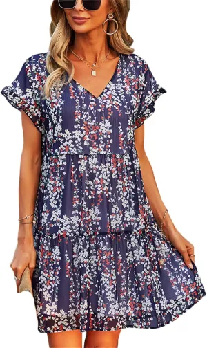 Andongnywell Women's Summer Wrap V Neck Bohemian Floral Print Ruffle Swing A Line Beach Mini Dress