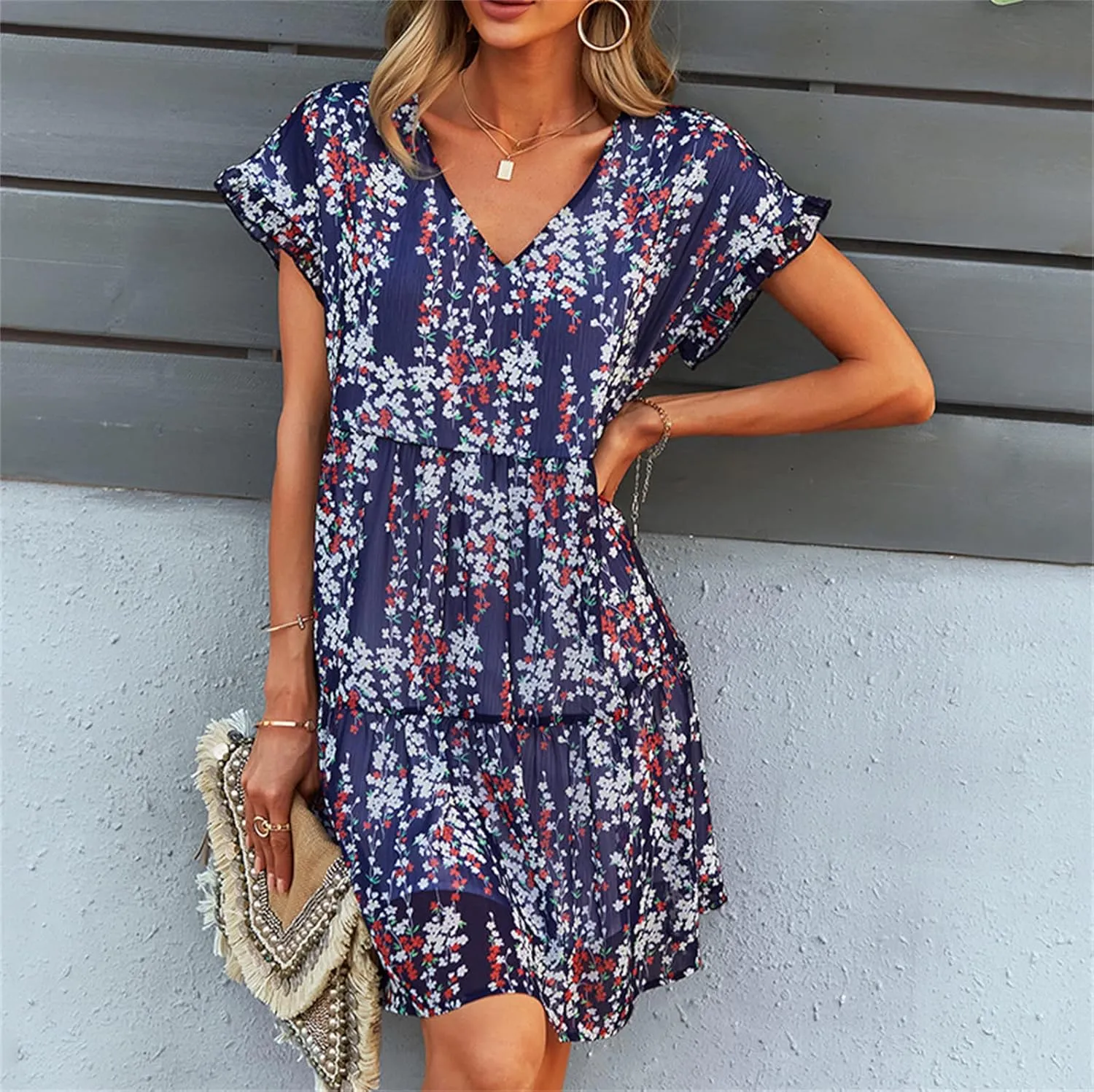Andongnywell Women's Summer Wrap V Neck Bohemian Floral Print Ruffle Swing A Line Beach Mini Dress