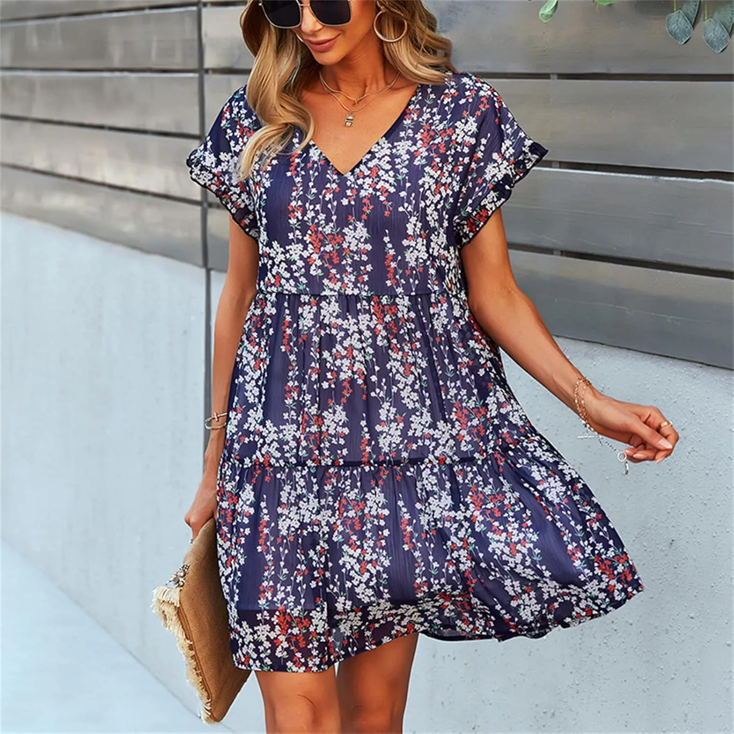 Andongnywell Women's Summer Wrap V Neck Bohemian Floral Print Ruffle Swing A Line Beach Mini Dress