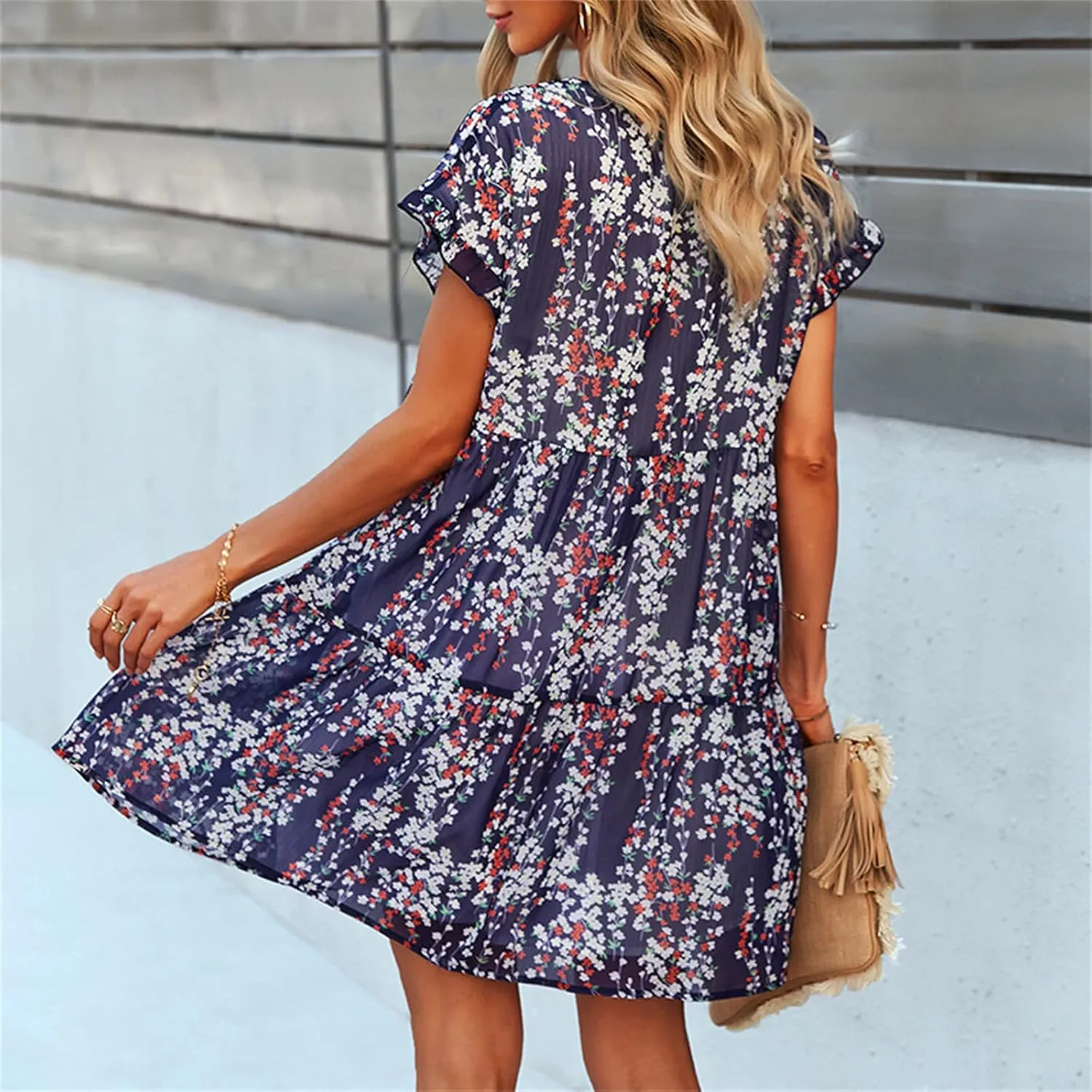 Andongnywell Women's Summer Wrap V Neck Bohemian Floral Print Ruffle Swing A Line Beach Mini Dress