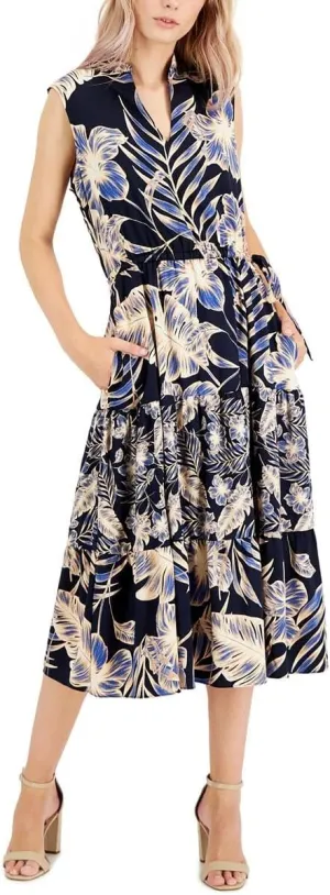 Anne Klein Womens Floral Sleeveless Midi Dress