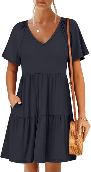 ANRABESS Womens 2025 Summer Beach Vacation Dress Flutter Short Sleeve V Neck Flowy Casual Spring Mini Dress with Pockets