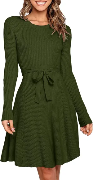 ANRABESS Women's Long Sleeve Midi Dress Crewneck Tie Waist A-Line Swing Casual Bodycon Ribbed Knit 2025 Fall Sweater Dress