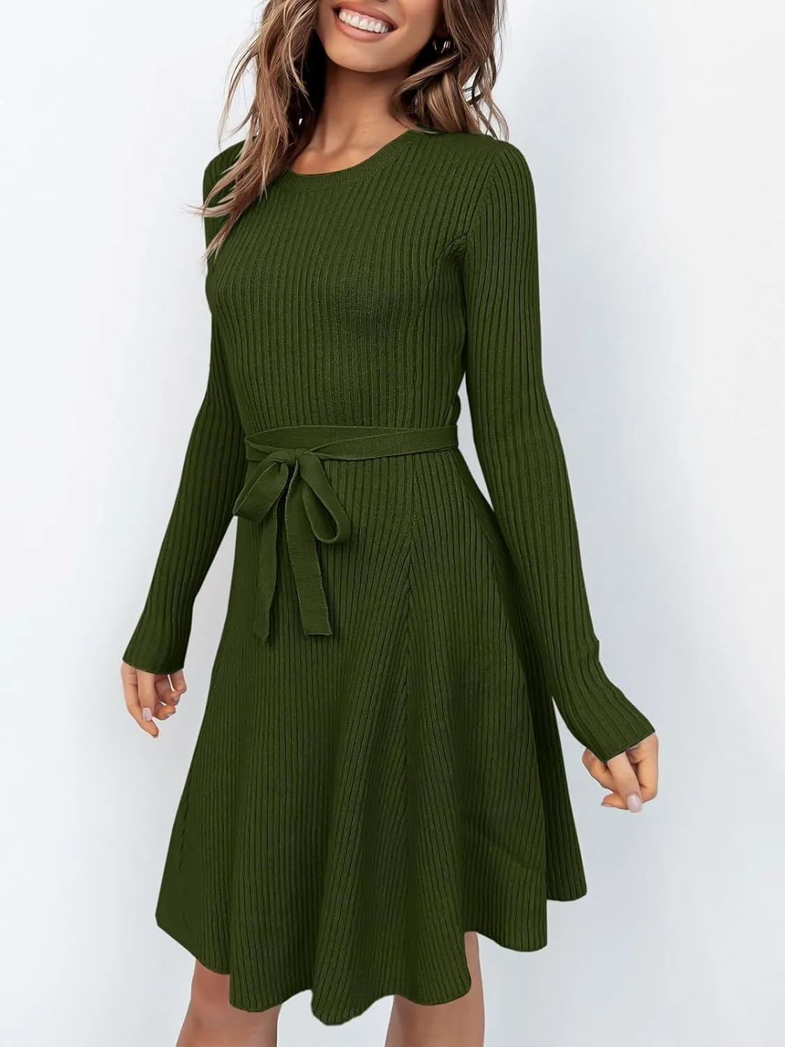 ANRABESS Women's Long Sleeve Midi Dress Crewneck Tie Waist A-Line Swing Casual Bodycon Ribbed Knit 2025 Fall Sweater Dress