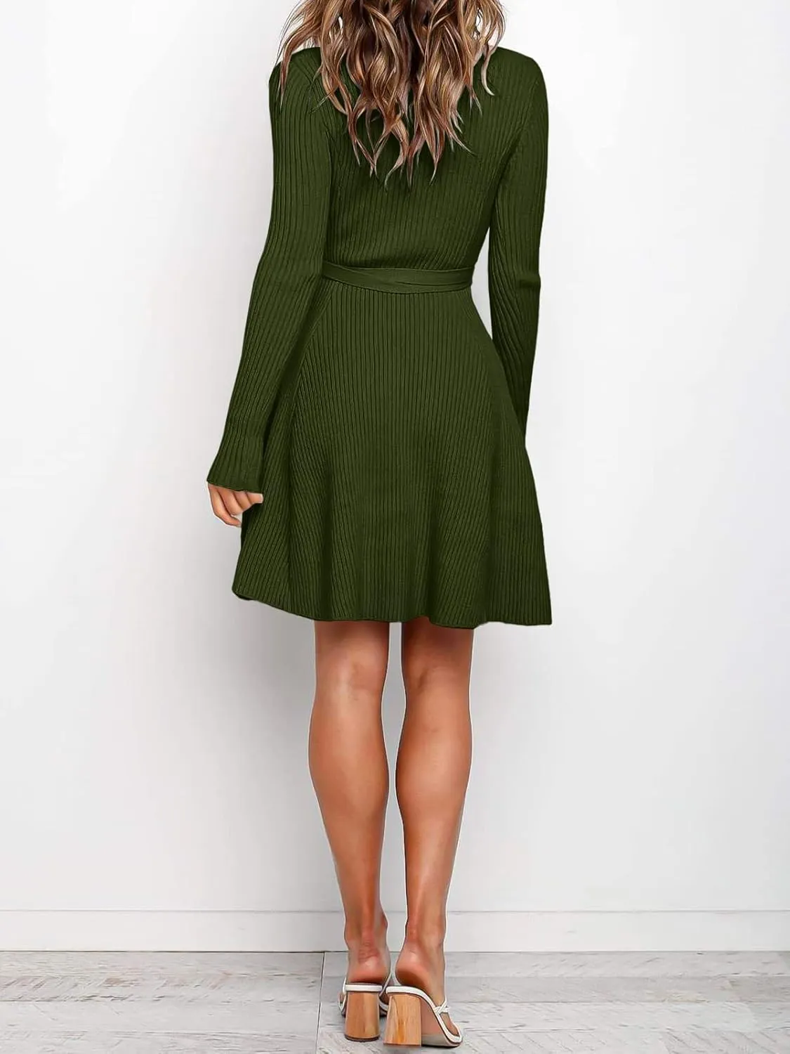 ANRABESS Women's Long Sleeve Midi Dress Crewneck Tie Waist A-Line Swing Casual Bodycon Ribbed Knit 2025 Fall Sweater Dress