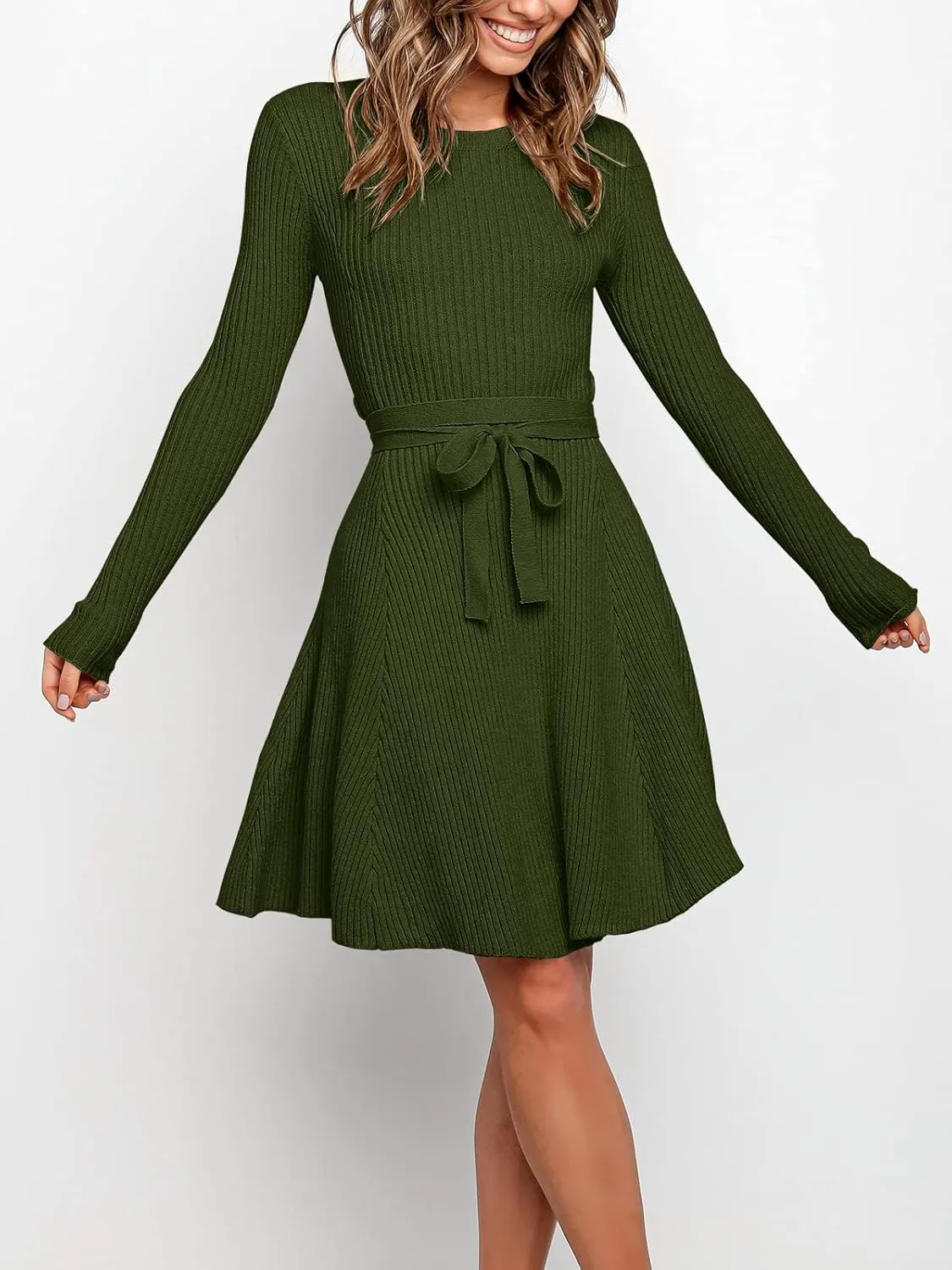ANRABESS Women's Long Sleeve Midi Dress Crewneck Tie Waist A-Line Swing Casual Bodycon Ribbed Knit 2025 Fall Sweater Dress