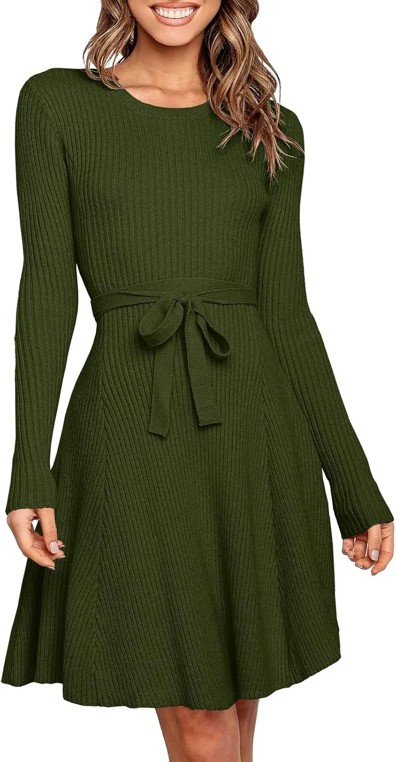 ANRABESS Women's Long Sleeve Midi Dress Crewneck Tie Waist A-Line Swing Casual Bodycon Ribbed Knit 2025 Fall Sweater Dress