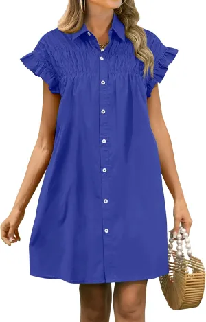 ANRABESS Womens Summer Button Down Shirt Dress Ruffle Short Sleeve Mini Dresses Loose Fit Casual Sundress with Pockets