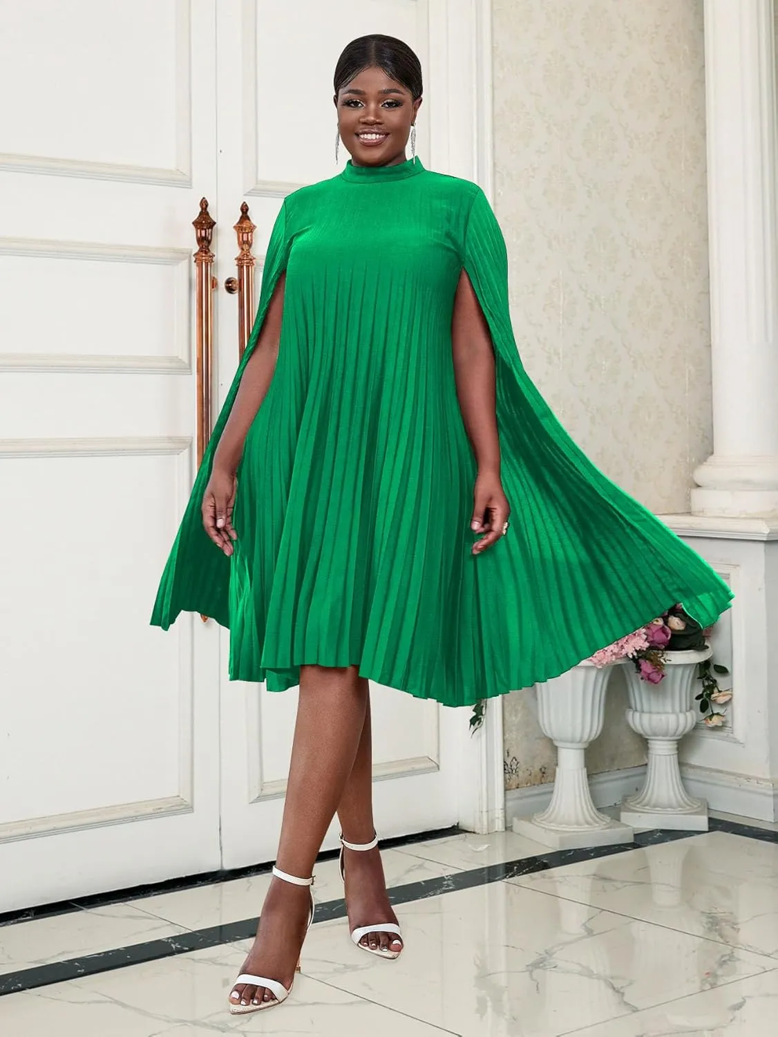 AOMEI Women's Stand Collar Pleated Cape Sleeve Loose Knee Length Dress Plus Size