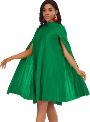 AOMEI Women's Stand Collar Pleated Cape Sleeve Loose Knee Length Dress Plus Size