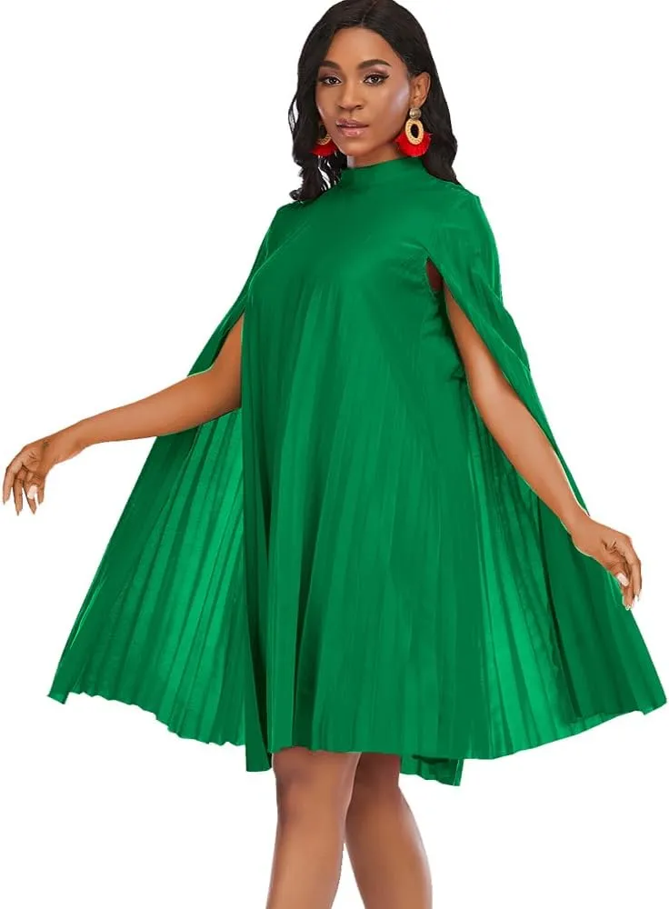 AOMEI Women's Stand Collar Pleated Cape Sleeve Loose Knee Length Dress Plus Size