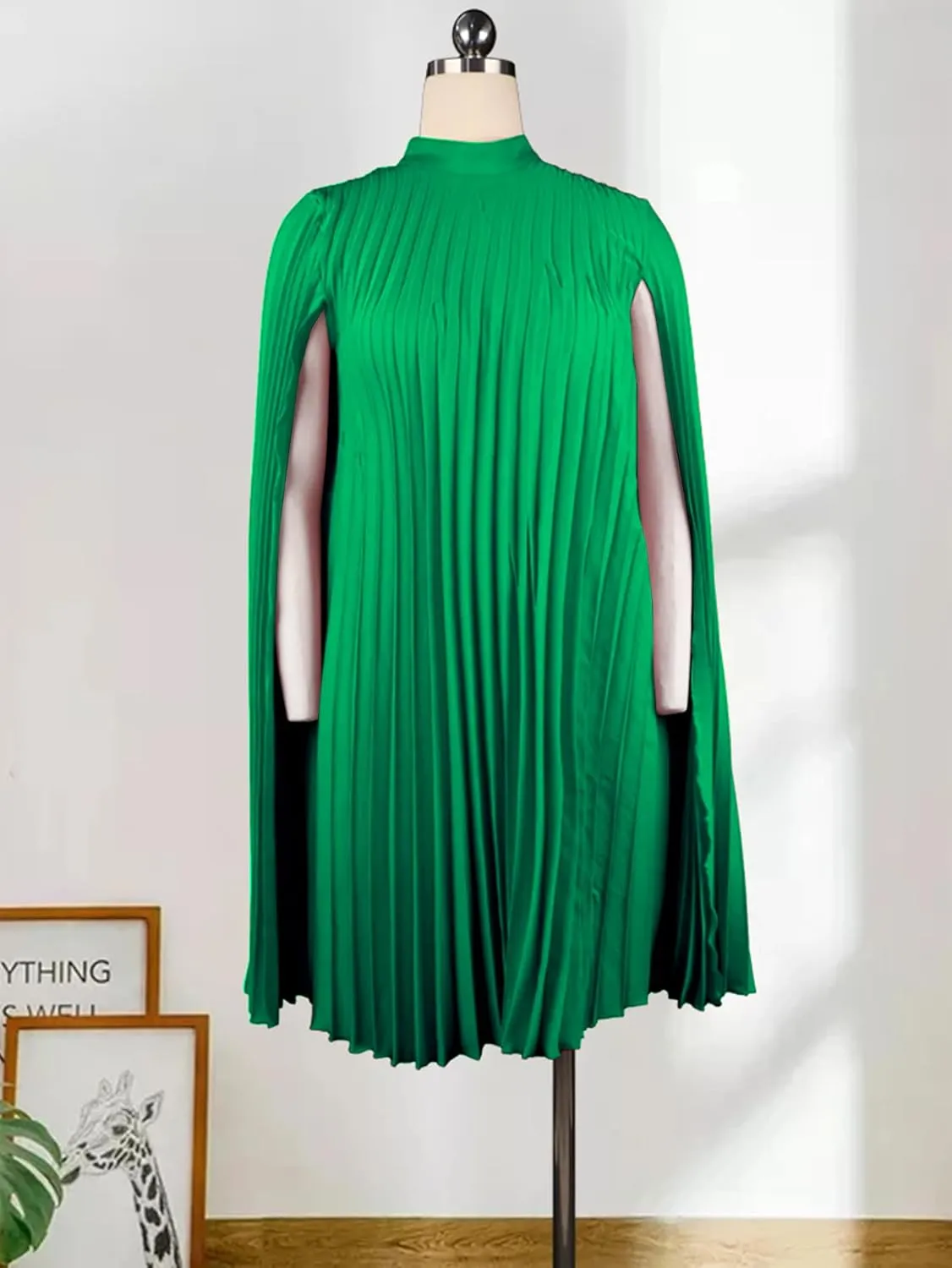 AOMEI Women's Stand Collar Pleated Cape Sleeve Loose Knee Length Dress Plus Size