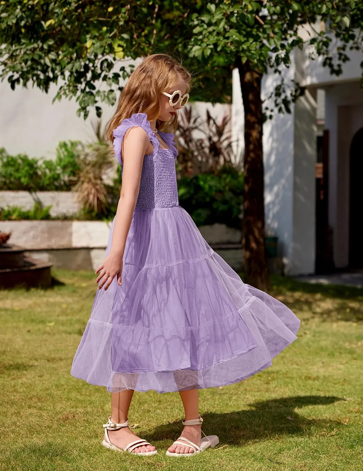 Arshiner Tween Girls Dress Ruffle Sleeve Elastic Straps Smocked A-Line Tulle Summer Long Patry Birthday Sundress