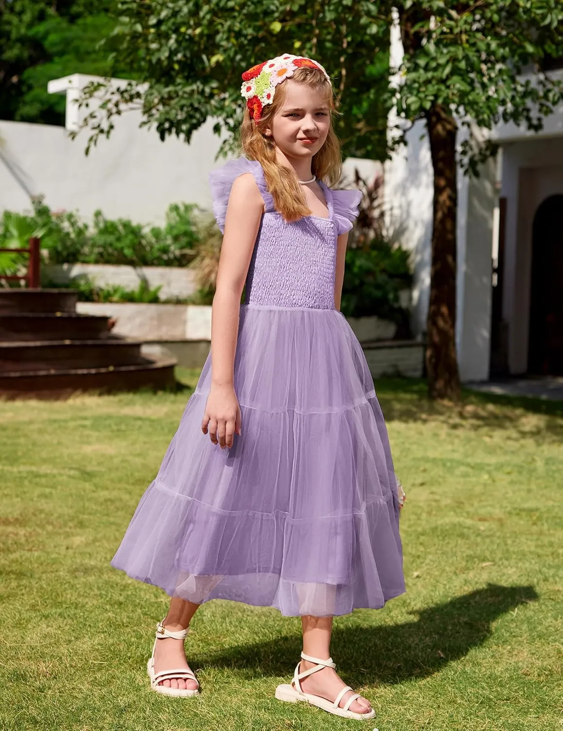 Arshiner Tween Girls Dress Ruffle Sleeve Elastic Straps Smocked A-Line Tulle Summer Long Patry Birthday Sundress