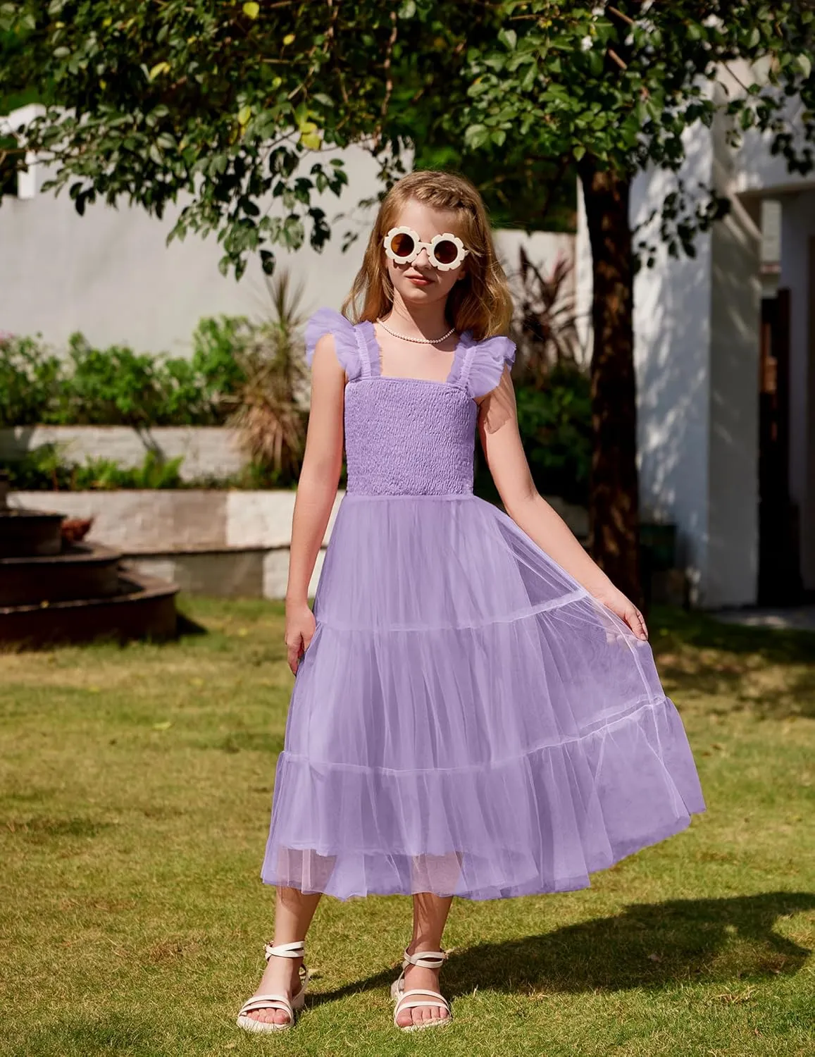 Arshiner Tween Girls Dress Ruffle Sleeve Elastic Straps Smocked A-Line Tulle Summer Long Patry Birthday Sundress
