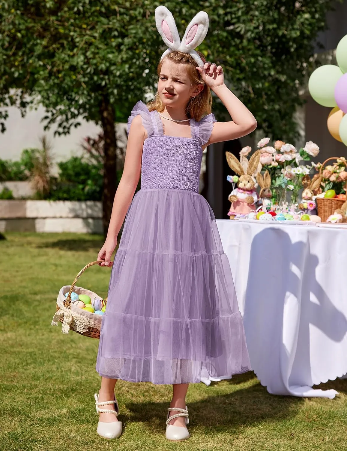 Arshiner Tween Girls Dress Ruffle Sleeve Elastic Straps Smocked A-Line Tulle Summer Long Patry Birthday Sundress