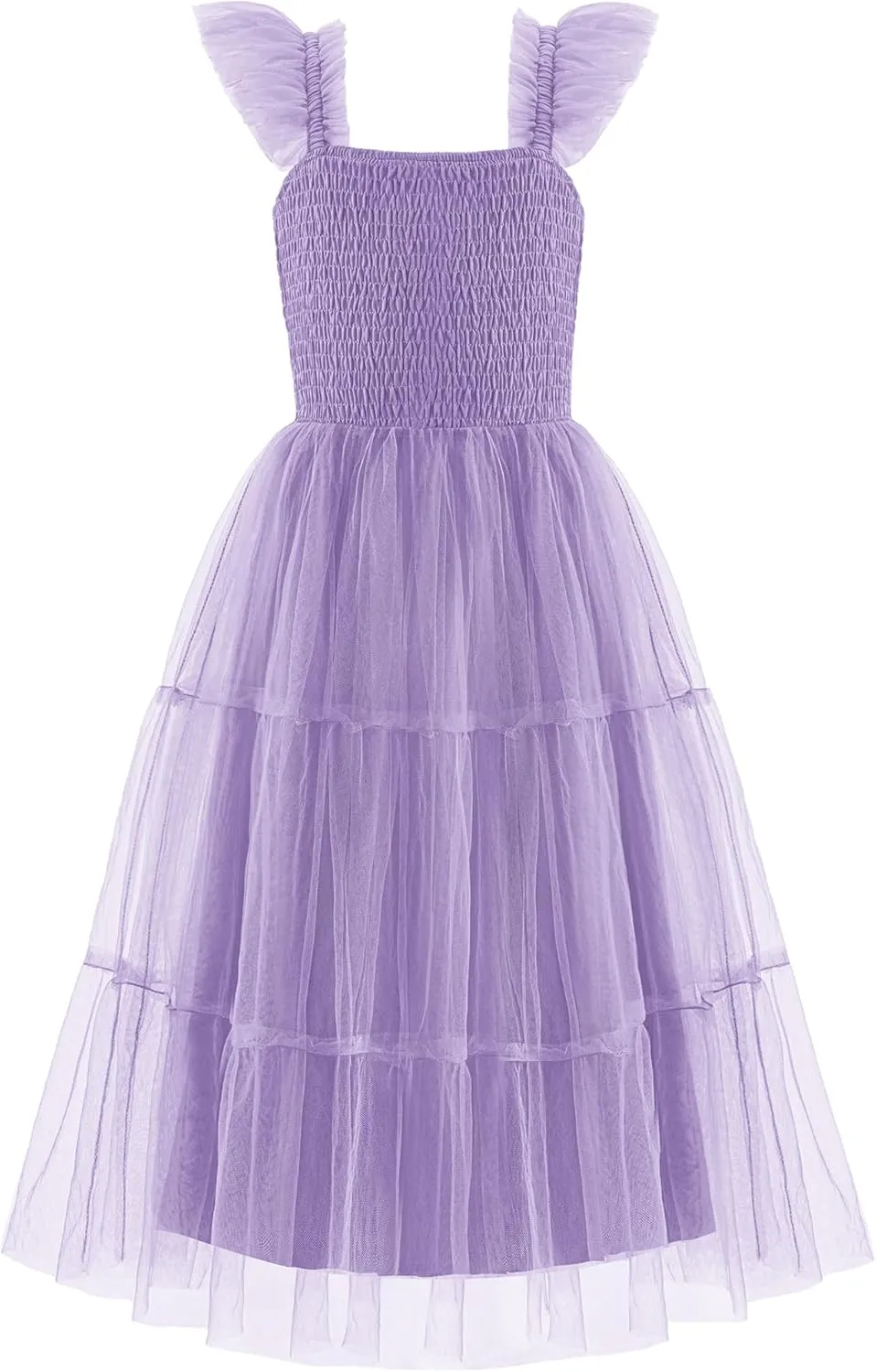 Arshiner Tween Girls Dress Ruffle Sleeve Elastic Straps Smocked A-Line Tulle Summer Long Patry Birthday Sundress