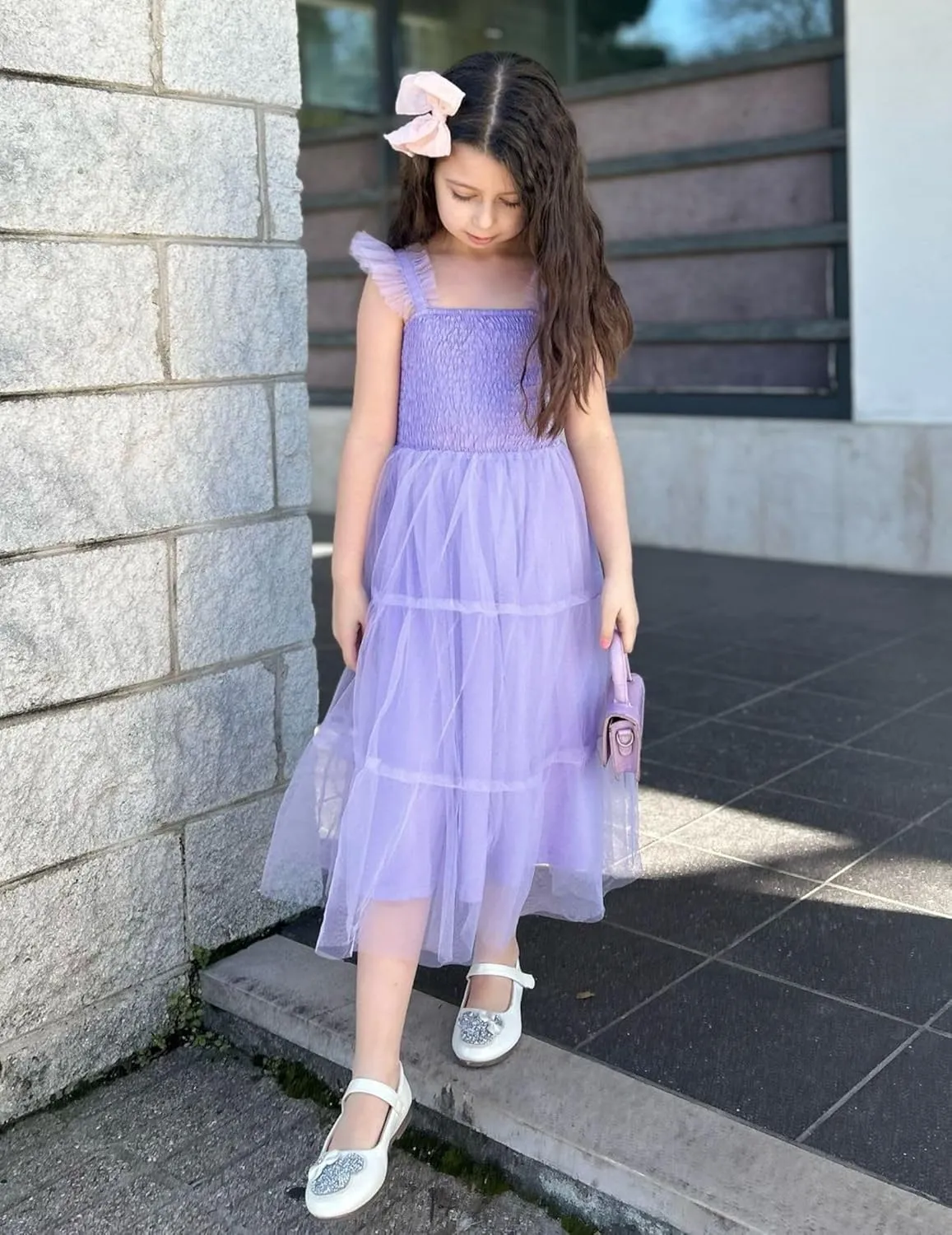 Arshiner Tween Girls Dress Ruffle Sleeve Elastic Straps Smocked A-Line Tulle Summer Long Patry Birthday Sundress
