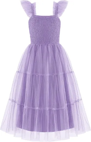 Arshiner Tween Girls Dress Ruffle Sleeve Elastic Straps Smocked A-Line Tulle Summer Long Patry Birthday Sundress