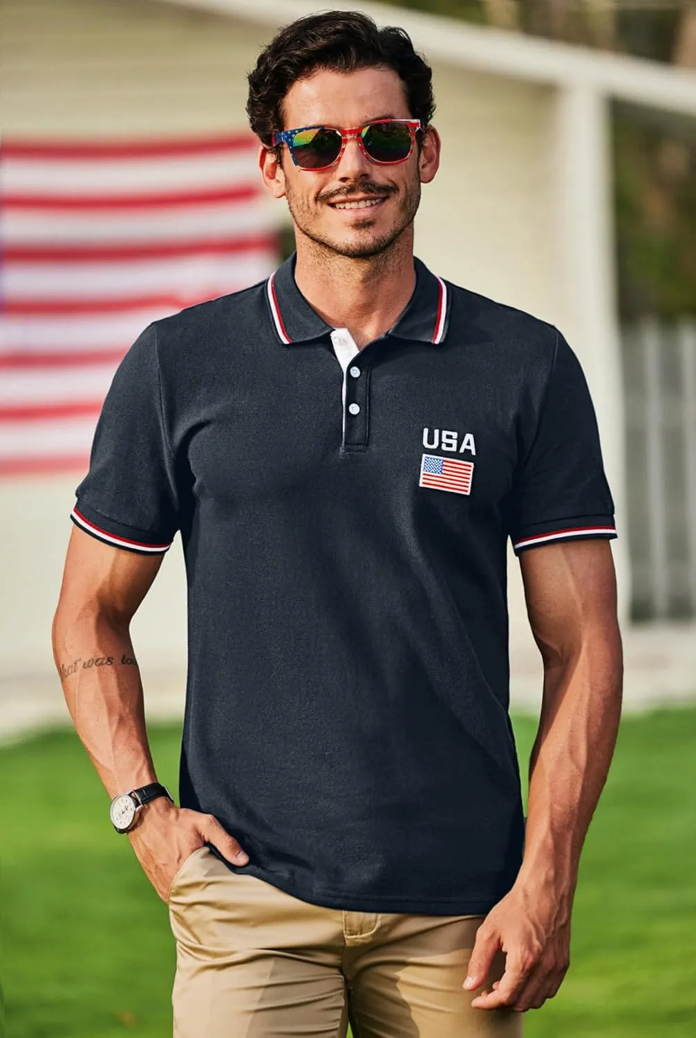 Arvilhill Men's American Flag Polo Shirts Patriotic Golf Polos 1776 Cotton Pique Tee Tops (S-3XL)