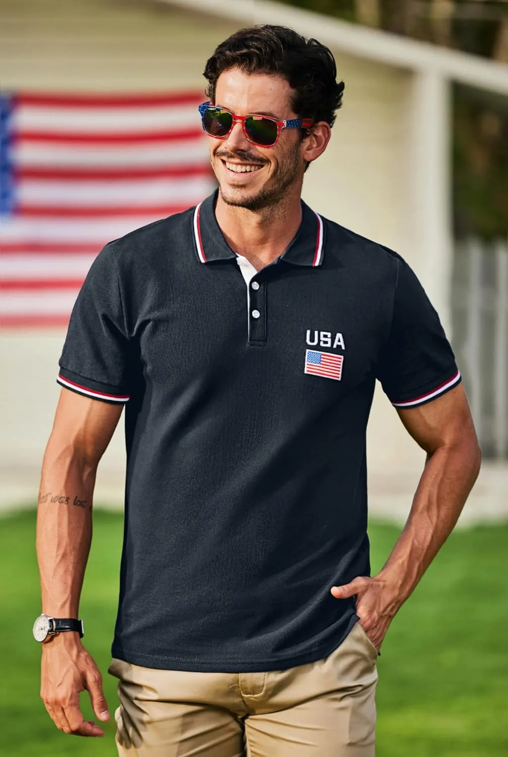 Arvilhill Men's American Flag Polo Shirts Patriotic Golf Polos 1776 Cotton Pique Tee Tops (S-3XL)