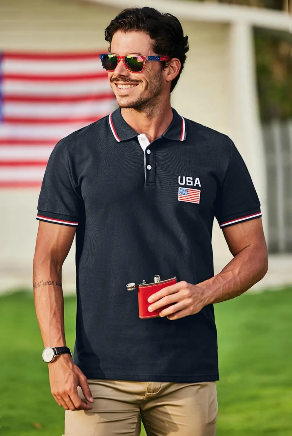 Arvilhill Men's American Flag Polo Shirts Patriotic Golf Polos 1776 Cotton Pique Tee Tops (S-3XL)