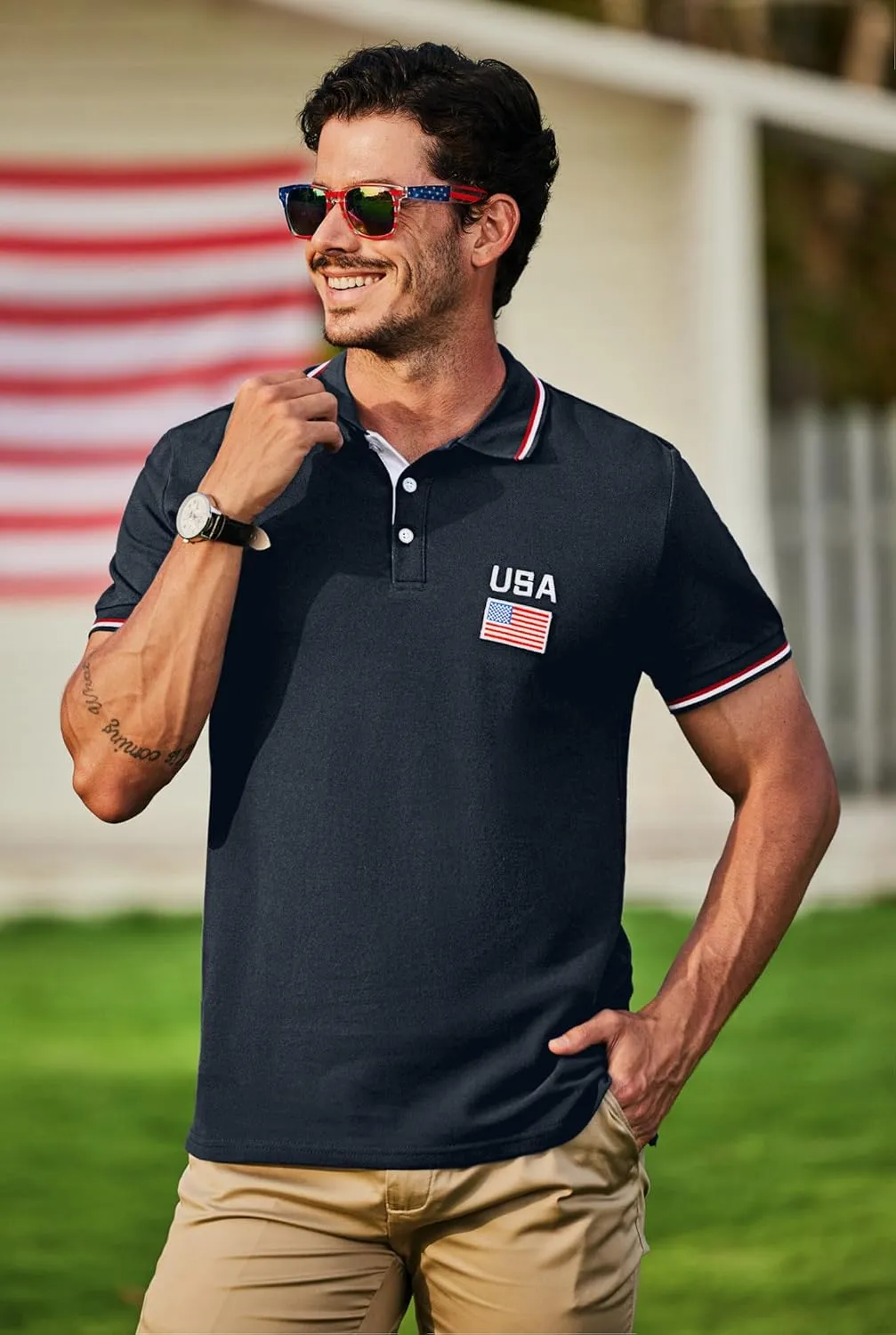 Arvilhill Men's American Flag Polo Shirts Patriotic Golf Polos 1776 Cotton Pique Tee Tops (S-3XL)