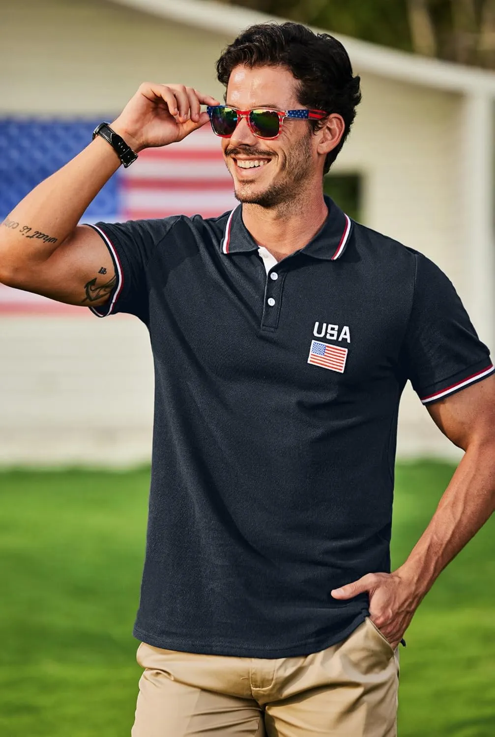 Arvilhill Men's American Flag Polo Shirts Patriotic Golf Polos 1776 Cotton Pique Tee Tops (S-3XL)