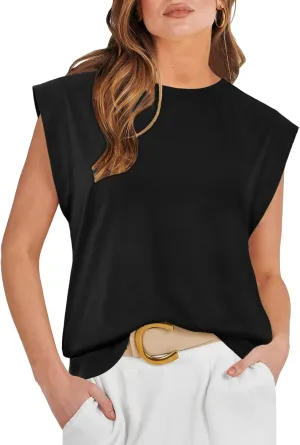 ATHMILE Women's Sleeveless Summer Tank Tops Casual Trendy T Shirts Basic Trendy Cap Sleeve Oversized Tee