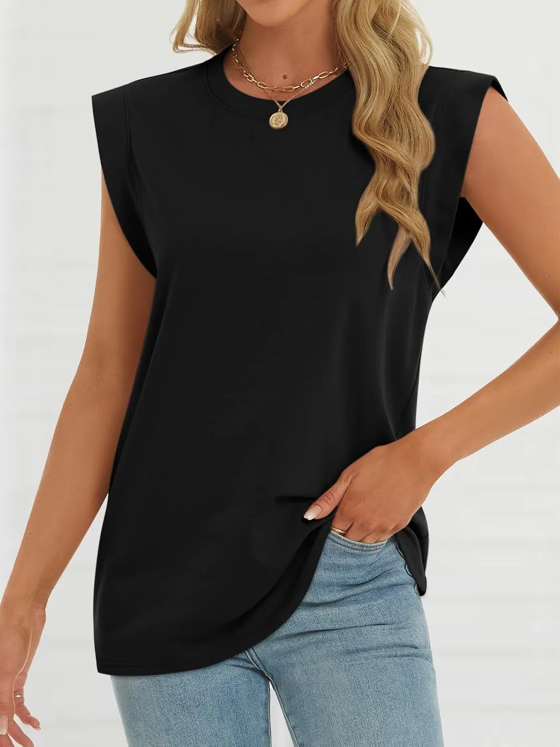 ATHMILE Women's Sleeveless Summer Tank Tops Casual Trendy T Shirts Basic Trendy Cap Sleeve Oversized Tee
