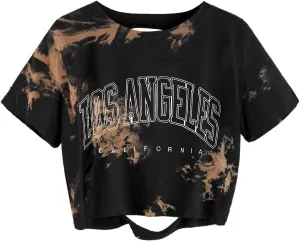 Avanova Women Los Angeles Graphic Distressed Oversized Crop Top Short Sleeve Ripped Boxy Loose Tee Shirt