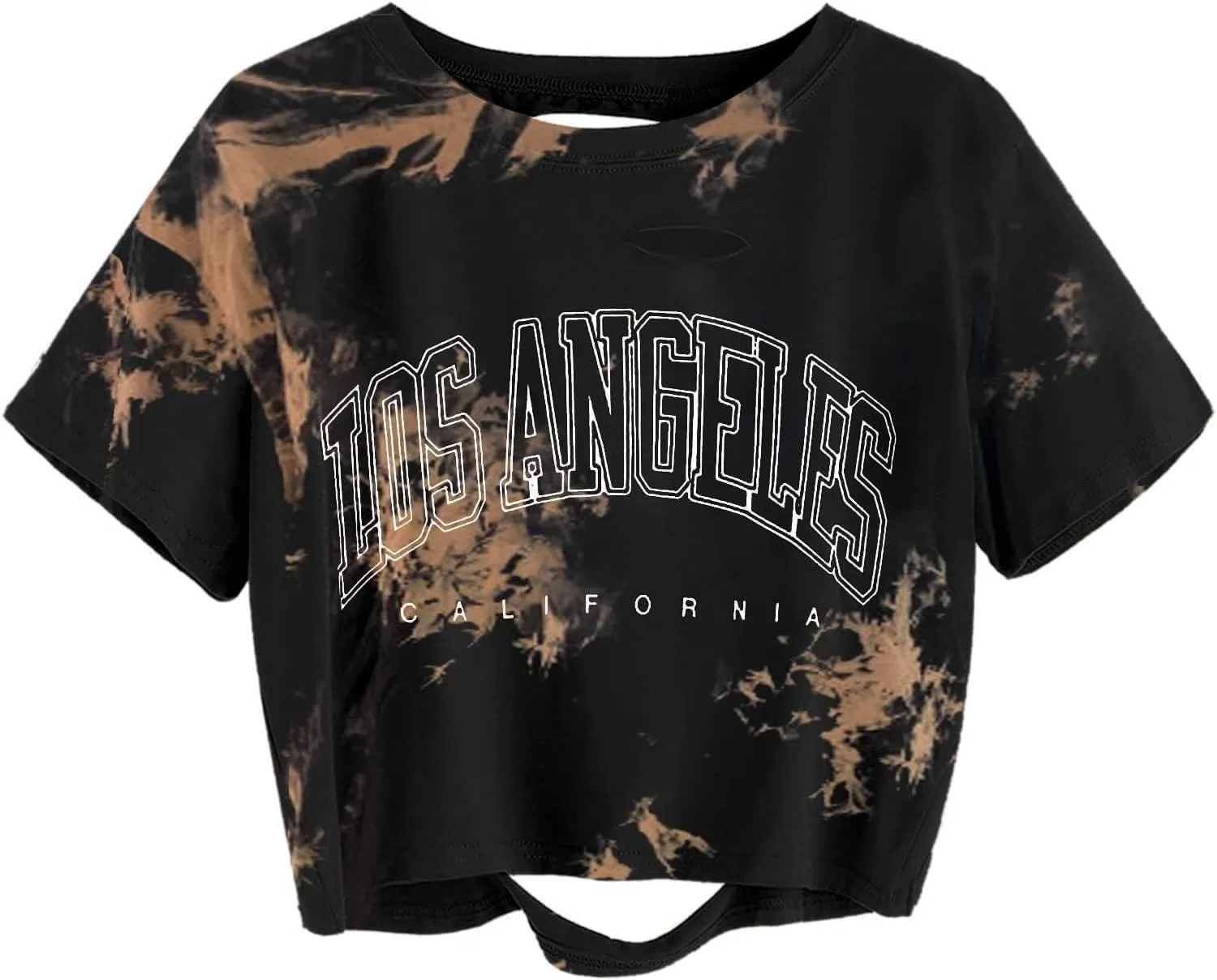 Avanova Women Los Angeles Graphic Distressed Oversized Crop Top Short Sleeve Ripped Boxy Loose Tee Shirt