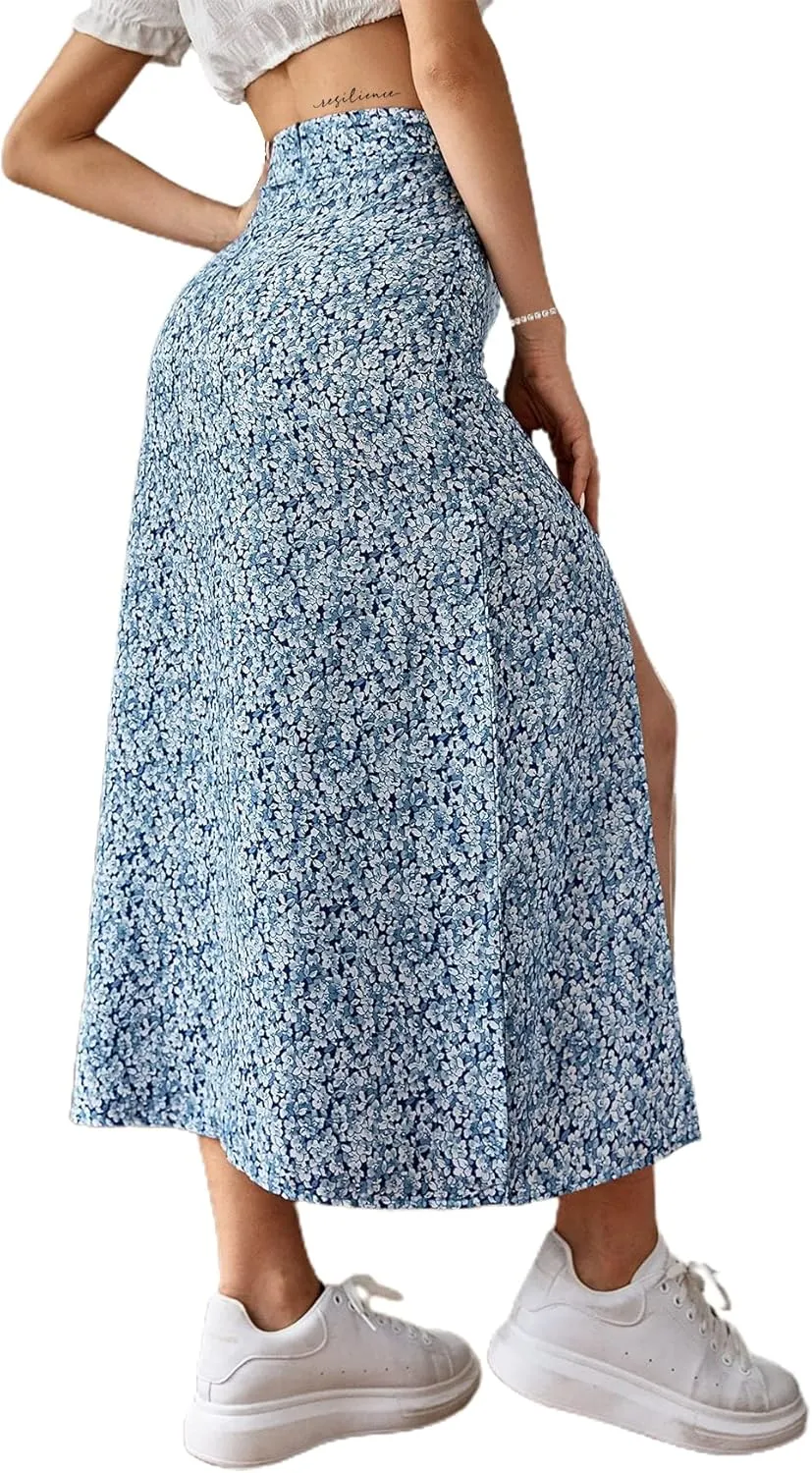 Avanova Women's Boho Leopard Print Thigh High Waist A Line Split Midi Skirt