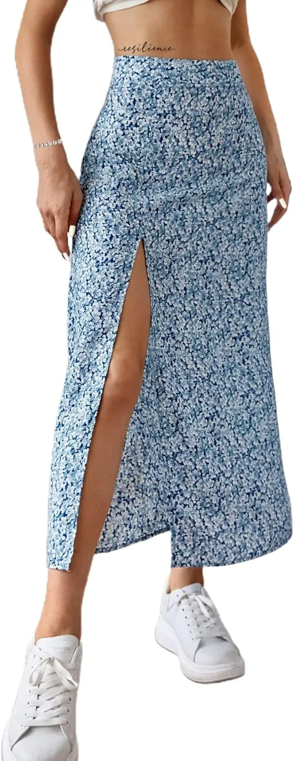 Avanova Women's Boho Leopard Print Thigh High Waist A Line Split Midi Skirt