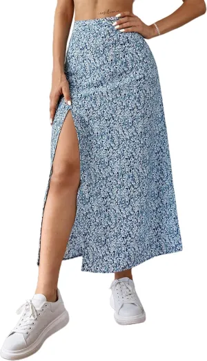 Avanova Women's Boho Leopard Print Thigh High Waist A Line Split Midi Skirt