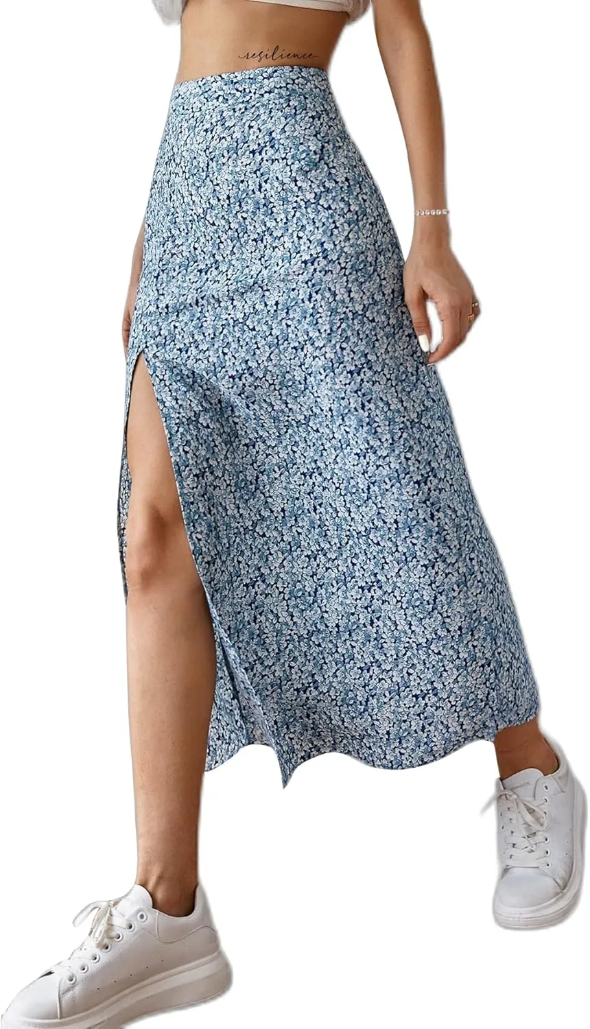 Avanova Women's Boho Leopard Print Thigh High Waist A Line Split Midi Skirt