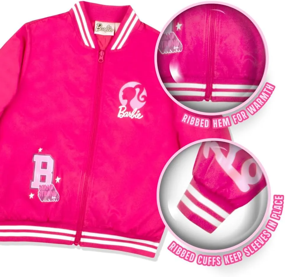 Barbie Girls Bomber Jacket - Zip-Up Varsity Jacket with Girl Power Outerwear