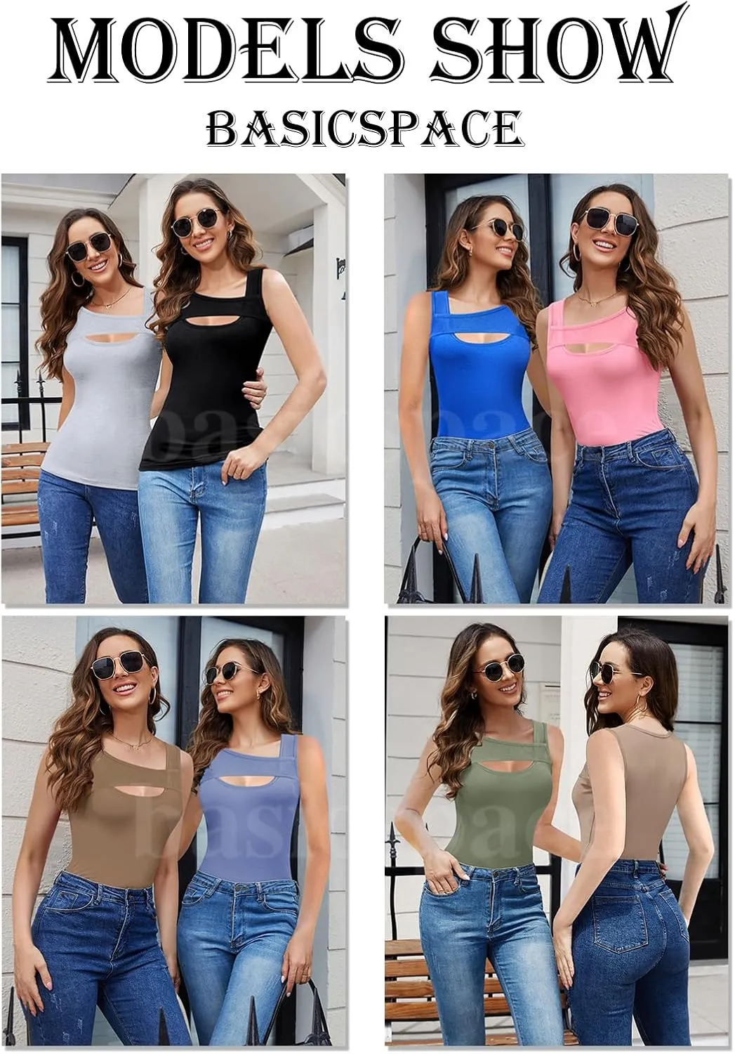 Basicspace Womens Fashion Summer Tank Tops One Piece Cutout Tshirts Sleeveless Ribbed Slim Fitted Shirts Tee