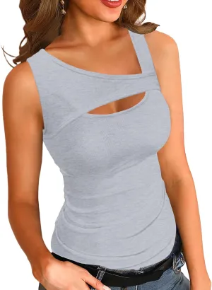 Basicspace Womens Fashion Summer Tank Tops One Piece Cutout Tshirts Sleeveless Ribbed Slim Fitted Shirts Tee